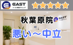 イースト駅前クリニック秋葉原院の店内画像と、悪い～中立の口コミ評判のアイキャッチ