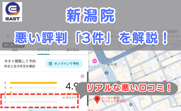 イースト駅前クリニック新潟院の良い口コミ評判と、レビュー評価をGoogleマップから調査