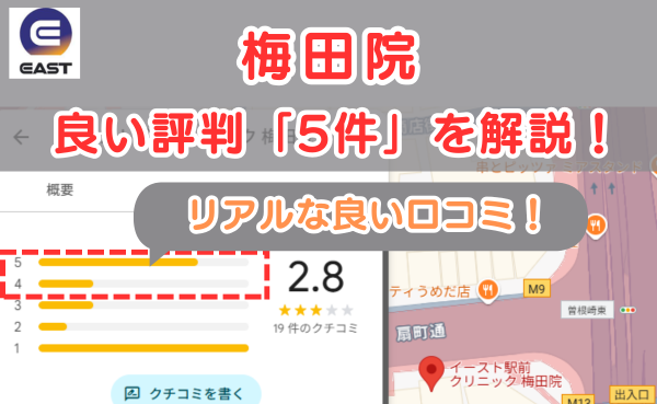 イースト駅前クリニック梅田院の悪い口コミ評判と、レビュー評価をGoogleMapから解説
