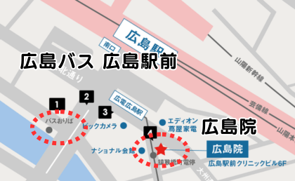 広電バス広島駅前からイースト駅前クリニック広島院への詳細ルート。