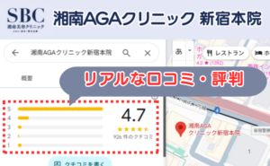 湘南AGAクリニック新宿本院のリアルな口コミ評判と、レビュー評価（Googleマップ）