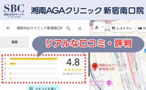 湘南AGAクリニック新宿南口院のリアルな口コミ評判と、レビュー評価（Googleマップ）