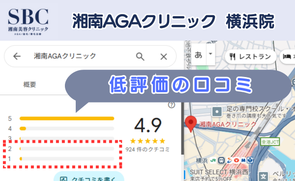 湘南AGAクリニック横浜院の悪い口コミ評判と、レビュー評価をGoogleマップから調査