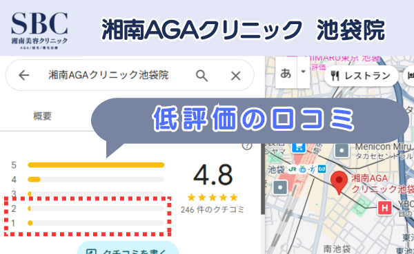 湘南AGAクリニック池袋院の悪い口コミ評判と、レビュー評価をGoogleマップから調査