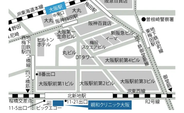 親和クリニック大阪院までのアクセスの地図