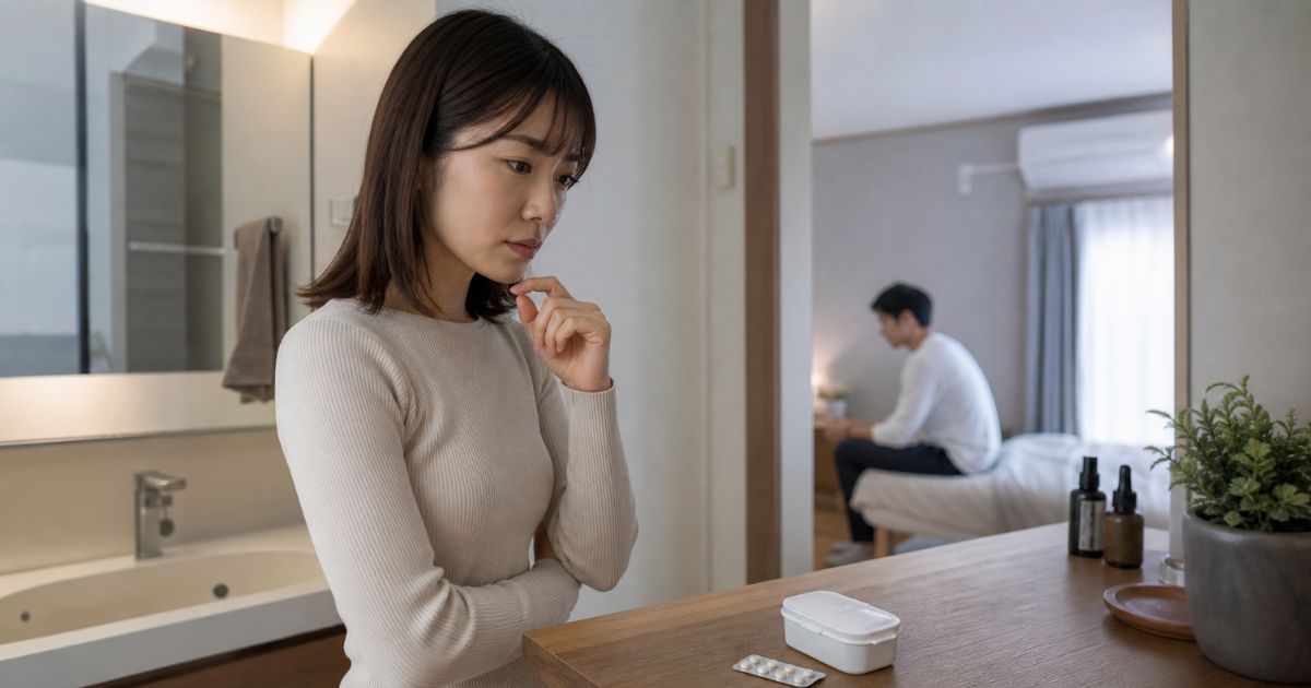 彼氏のAGA薬らしきものに気づいた女性が問い詰めずに気持ちを整理している自宅の場面
