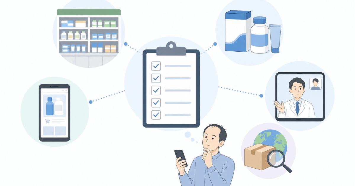 AGA薬の市販品と通販とオンライン診療と個人輸入の違いを整理する図解