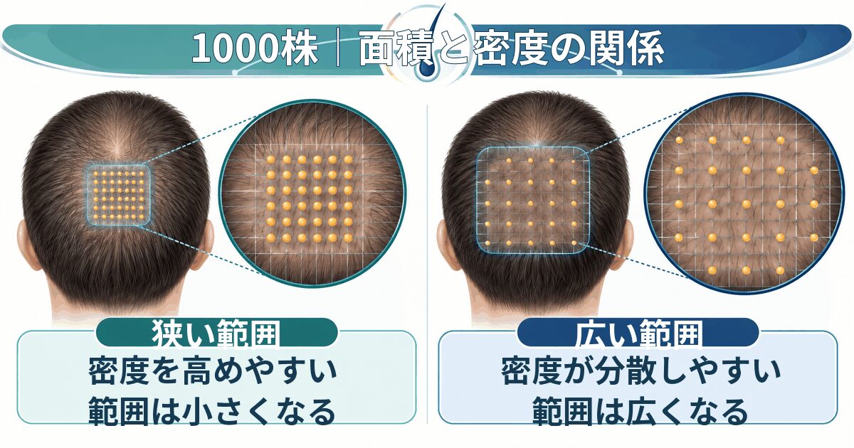 1000株を狭い範囲と広い範囲へ配分した場合の密度比較